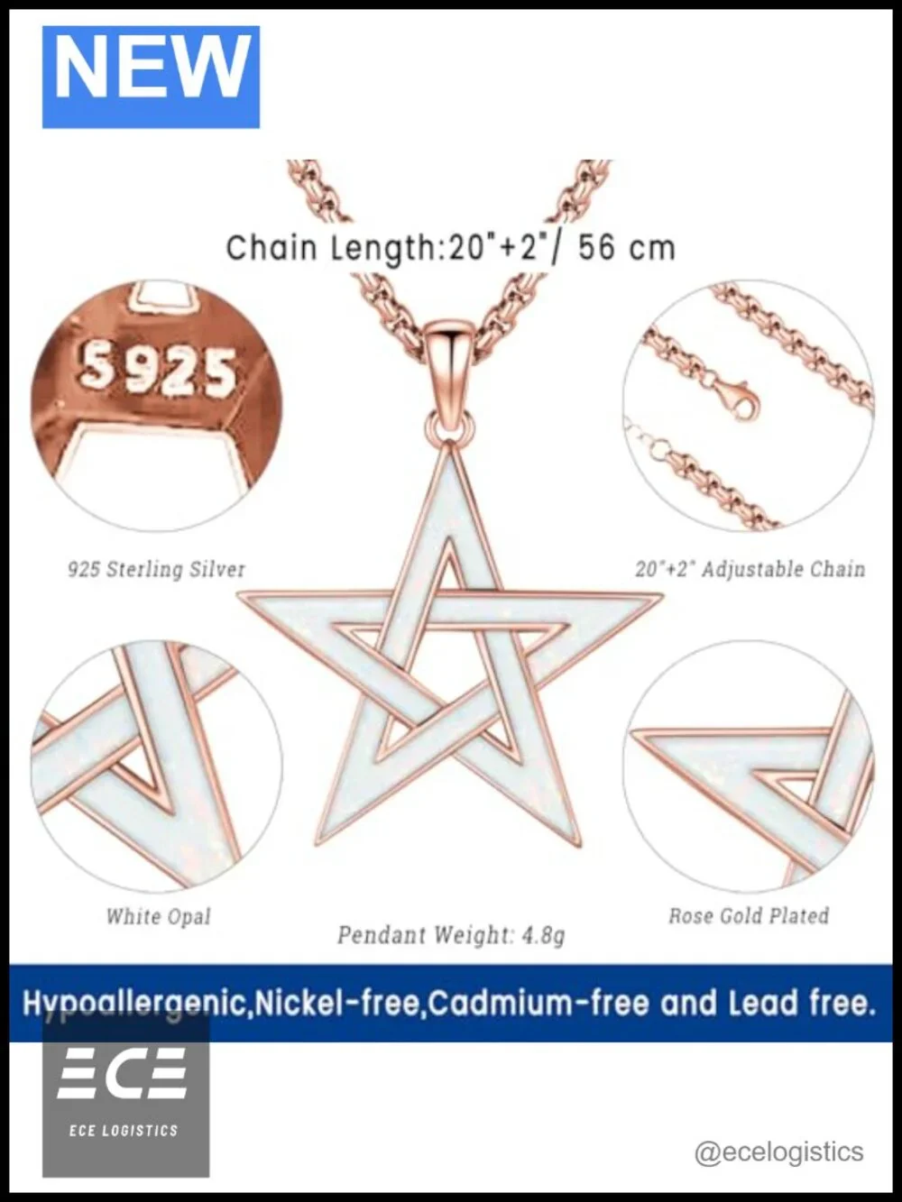Sterling Silver Opal Pentacle Star Pendant Necklace Adjustable 20+2 Inch